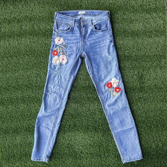 Zara Woven Flowers Skinny Jeans - Picture 1 of 4